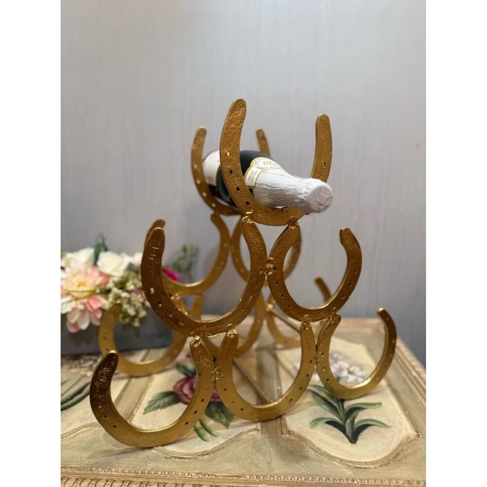 Rare Handmade Genuine Horseshoe Wine Rack Heavy Duty Six Holders Gold Color